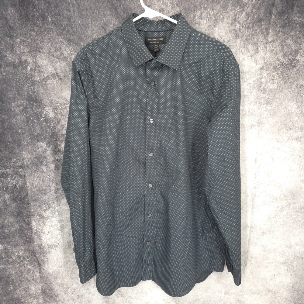 Banana Republic Shirt Mens Large  16 - 16.5 34 - 35 Gray Polka Dots  Non Iron‎